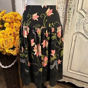 Covington Pretty Floral Black Flowy Skirt with Dropped Waist and Gathered Skirt